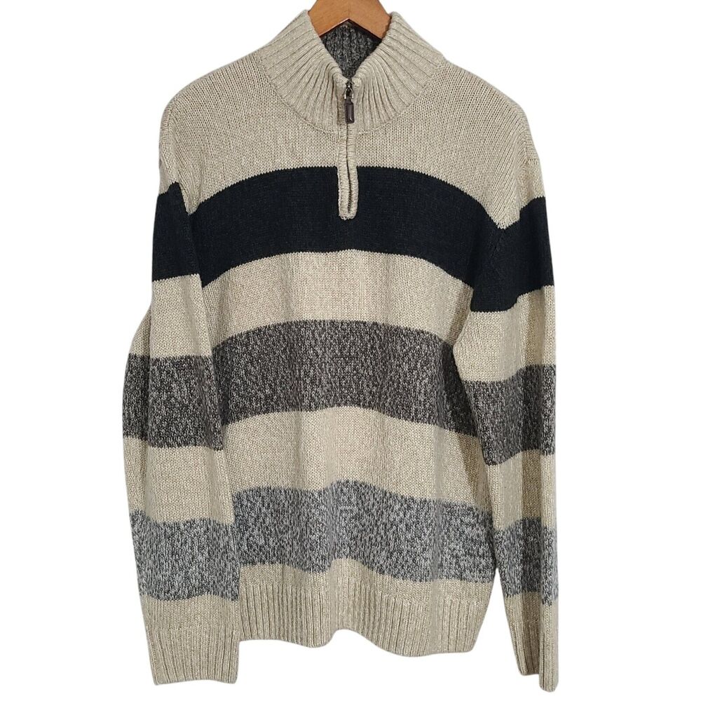 Tricots St Raphael Men's Sweater 1/4 Zip Pullover Tan Black‎ Gray Stripe XL